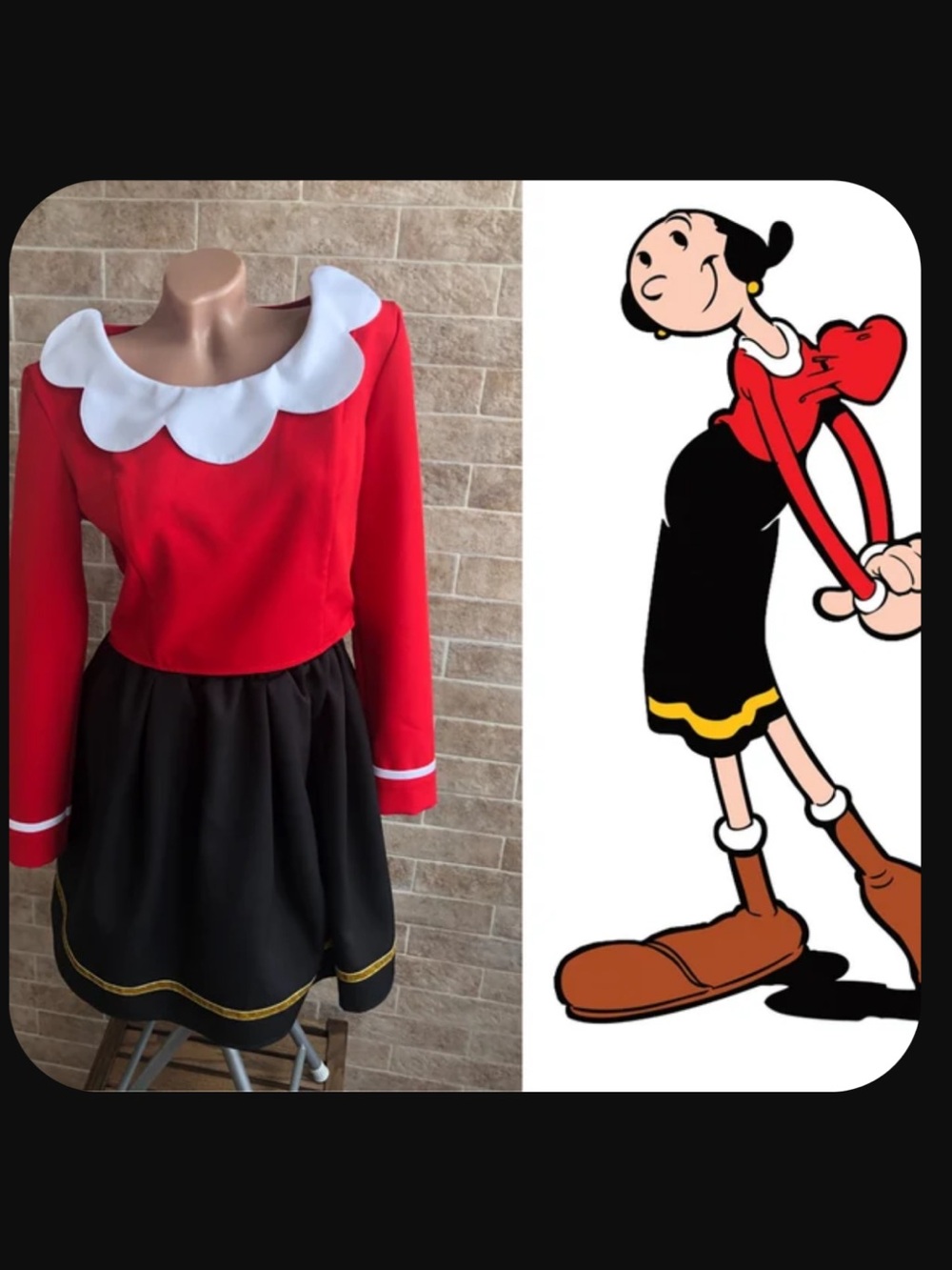 Olive Oyl Costume - Red and Black  Cartoon Sailor Costume with White Collar